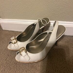 Chic white Slingback Heels with Gold Buckle